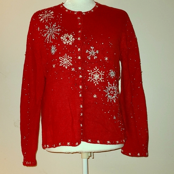 Ugly Christmas Sweater - Snowflakes - Red - Petite Medium - Picture 2 of 8